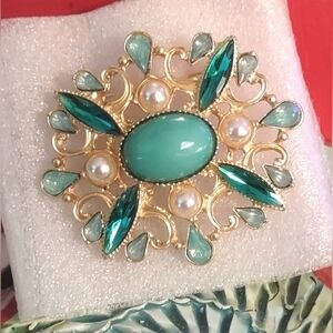 Turquoise, Green Aquamarine, Topaz & Pearl Statement Brooch